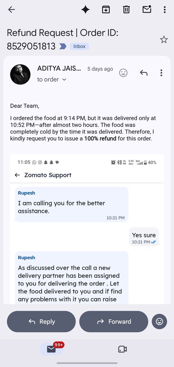 891aadi's tweet photo. @zomatocare Sometimes you guys deliver order in around 2 hours while app shows estimated time is 15-20 minutes, another time you deliver wrong item but chat support has no option to connect with support executive via call. Email bounces, customer cheated.. that's what you're doing to us 😡 https://t.co/vXVgq2fB7L