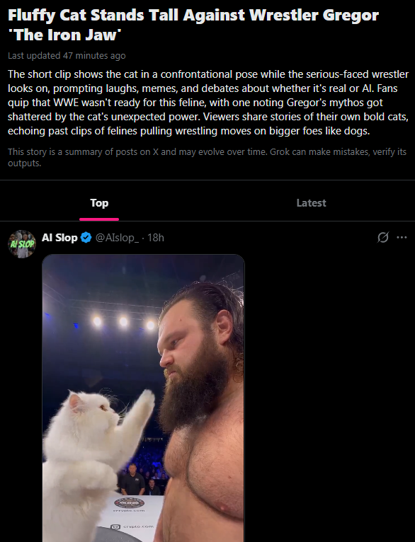 RidgeDurocher's tweet photo. We've just been given some absolute amazing viral slop 🤣🤣

Millions of views and a page trending of a cat slapping the fuck out of a pro wrestler 

https://t.co/SAzdddPRKN

People are now making memes with this cat slapping random people

Such a simple good meme for some slop

Literally slap cat