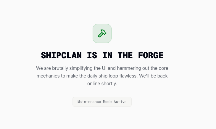 sharadvc's tweet photo. Took ShipClan offline to hammer the UI into shape. 🔨

Removing the chaos. Bringing back raw simplicity.

Back soon. https://t.co/MIuJ40L3BX