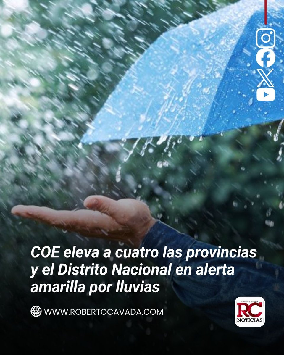 rcavada's tweet photo. El Centro de Operaciones de Emergencias (COE) aumentó a cuatro las provincias y el Distrito Nacional en alerta amarilla, mientras mantiene otras 10 provincias en alerta verde, debido a las condiciones atmosféricas que afectan al país.

#RobertoCavada #RCNoticias #Coe https://t.co/XxRLIwKzyy