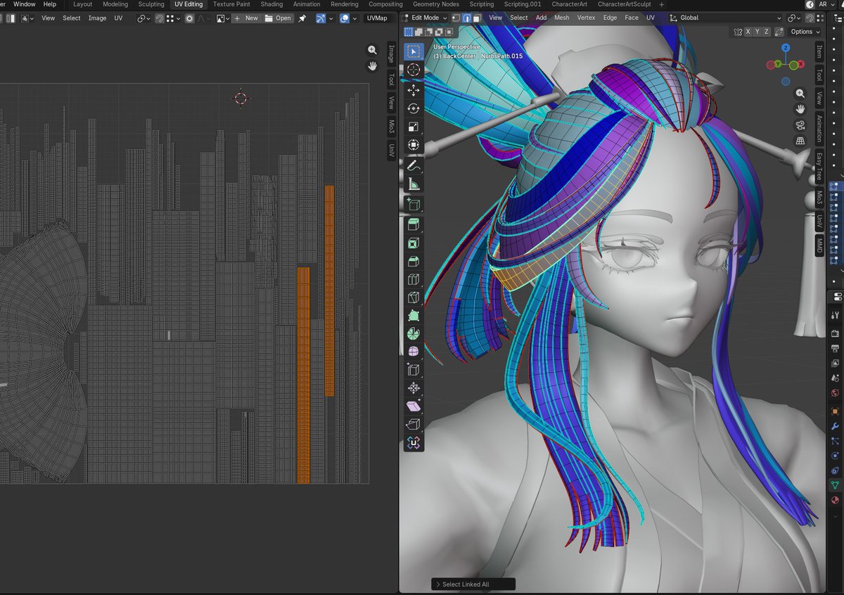 sweet_keeki's tweet photo. I straightened all the UV islands for the hair.

Since I use Substance Painter to texture, I should only reap the benefits of this technique (less wasted space, good for procedural textures).

Never really did that with previous models (too lazy? :D)
But it should help a lot 🤔 https://t.co/jGbCv6BXFd