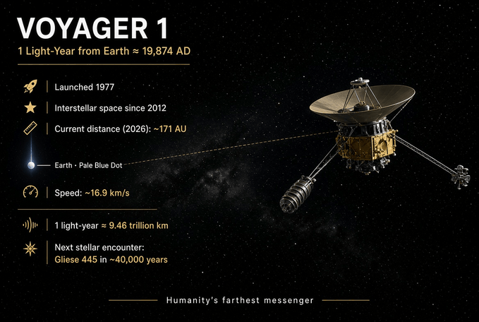 konstructivizm's tweet photo. Voyager 1 will be one light-year from Earth around the year 19,874 AD.

That date is not science fiction. It is a straightforward consequence of distance, speed, and time. Humanity’s farthest spacecraft has already spent nearly half a century in flight. Even at its impressive velocity by earthly standards, it will still need almost 18,000 more years to cover the distance light travels in a single year.

From Grand Tour to interstellar space

Voyager 1 launched on September 5, 1977. Its original mission was a flyby of Jupiter and Saturn. Gravity assists from the giant planets flung the probe high above the ecliptic plane and onto a trajectory out of the solar system.

In 1998 it overtook Pioneer 10 and became the most distant human-made object. On August 25, 2012, it crossed the heliopause and entered interstellar space—the first spacecraft ever to do so.

As of late August 2026, Voyager 1 is about 25.65 billion kilometers from Earth (roughly 171.5 astronomical units). A radio signal takes nearly 23 hours and 46 minutes to travel one way.

A speed that looks fast—and is tiny

Relative to the Sun, Voyager 1 travels at about 16.9 km/s, or roughly 61,000 km/h. That works out to about 3.5–3.6 AU per year.

One light-year is 9.46 trillion kilometers. At the probe’s current speed it takes roughly 17,700 years to cover that distance. Counting from launch yields a date around 19,874 AD. Small differences among estimates come from the fact that the spacecraft is still slowly losing speed as it climbs out of the Sun’s gravity well, and Earth’s own orbit makes the Earth-to-spacecraft range oscillate slightly each year.

For perspective: Proxima Centauri, the nearest star, lies 4.24 light-years away. Even if Voyager 1 were headed straight toward it, the journey would take more than 70,000 years.

What happens tens of thousands of years from now

Voyager 1 is not aimed at any particular star. In about 40,000 years it will pass within 1.6–1.7 light-years of the star Gliese 445 (AC +79 3888) in the constellation Camelopardalis. That star itself will be approaching the Sun at the time.

By then the radioisotope thermoelectric generators will have long since exhausted their plutonium-238. Contact with Earth will already have ended in the 2030s. The spacecraft will become a silent messenger carrying the Golden Record—sounds of Earth, music, greetings in dozens of languages, and a map of the solar system’s position relative to nearby pulsars.

Why the milestone matters

One light-year is no longer merely “far.” It is the first truly interstellar distance that a human-built object will reach. Voyager 1 will be the first piece of Earth ever to sit that far from home.

It will still be deep inside the Milky Way. The galaxy is vast, and our probes remain slow by cosmic standards. Voyager 1 is both a triumph of 1970s engineering and a reminder of how slowly we currently travel between the stars.

Eighteen thousand years from now, whatever civilization exists on Earth will be unrecognizable. A small spacecraft launched in 1977 will still be coasting onward—cold, dark, and unimaginably distant—proof that we once dared to leave the solar system.
