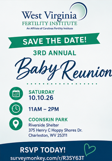 FertilityWV's tweet photo. The WVFI Baby Reunion is back! 
Join us for an afternoon filled with family, fun, games, and food.

Saturday, October 10, 2026
11:00 AM–2:00 PM
Coonskin Park – Riverside Shelter
375 Henry C Hoppy Shores Dr., Charleston, WV 25311

Please RSVP:
https://t.co/VcBE93Pakz https://t.co/949h3ZhrLW