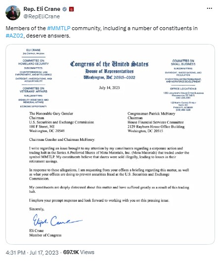 IRONAPE_MMTLP's tweet photo. @GenFlynn
 
Sir — one thing you can help us with.We’ve had the attention of @RepEliCrane off and on for over three years. We need rock-solid veterans’ advocates to get MMTLP veterans the transparency and follow-through this fiasco still has not received.

Sir, on behalf of the #MMTLP veterans: could you please get Rep. Crane’s attention and ask that he refocus on the letter he wrote over 3 years ago — July 14, 2023 — to @SECGov Chair Gary Gensler and then-House Financial Services Chairman Patrick McHenry?

In that letter he said his AZ-02 constituents believed shares were sold illegally and asked for a briefing on the Next Bridge / $MMTLP halt and conversion.

@FNez_Blogger covered it at the time. Crane later posted that #MMTLP must be resolved. Veterans have tried to reach him since with little success. Over three years later we are still frozen.  https://t.co/LvkMR0rmhX

Dec. 9, 2022 U3 halt never produced a public audited share count. 130+ veterans — including disabled and active duty — remain trapped. @gatewaypundit
reported Aug. 30, 2026 that veterans took this to President Trump. https://t.co/8GpHbzIfjo

You were early, Congressman @RepEliCrane. Navy SEALs don’t leave a mission unfinished. Demand the audited share count. Finish what you started.

Respectfully,

@IRONAPE_MMTLP @busybrands @beardvet @annvandersteel @FNez_Blogger @Jason_Sanders81 @CHELLESHOCKEDTM @monicaonairtalk @dougcollins #VeteransFirst