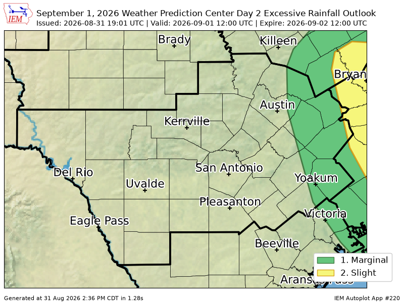 ScannerAtx's tweet photo. WPC issues Day 2 Slight Risk Excessive Rainfall Outlook at Aug 31, 19:01z for EWX https://t.co/48PU46xc7C https://t.co/1sH4pe9XVi
