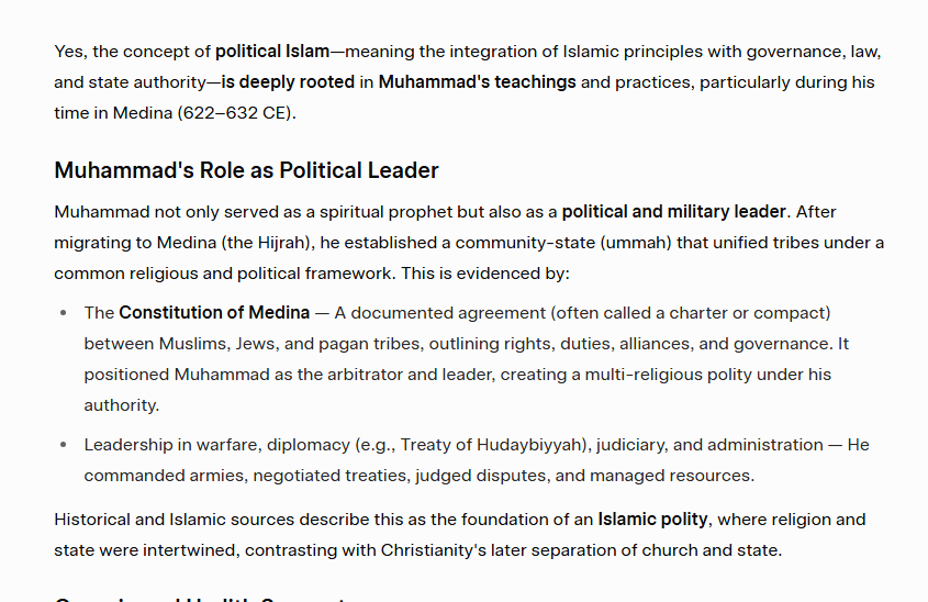 TalkingTeslaTec's tweet photo. @JohnStrandUSA Islam is a Religious, Political &amp; Military Ideology 

Muhammad was a Religious, Political &amp; Military Leader    

Violence is codified into Islam 

Political Islam is the Political Wing of Religious Islam 👇 https://t.co/X94NX9THEq