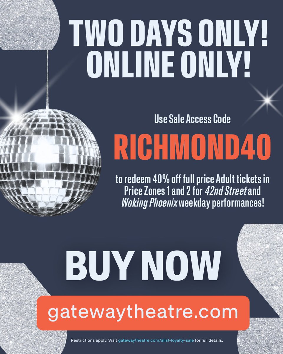 GatewayThtr's tweet photo. SAVE 40% on 42nd Street and Woking Phoenix! 🥳

We're celebrating being voted Top Performing Arts Venue by Richmond News A-List Awards and we want to give back to you for being loyal supporters of Gateway Theatre. 🪩💖

Get your tickets now at https://t.co/jHs3en5fjd. 🔗 https://t.co/zyQuI3PTt8
