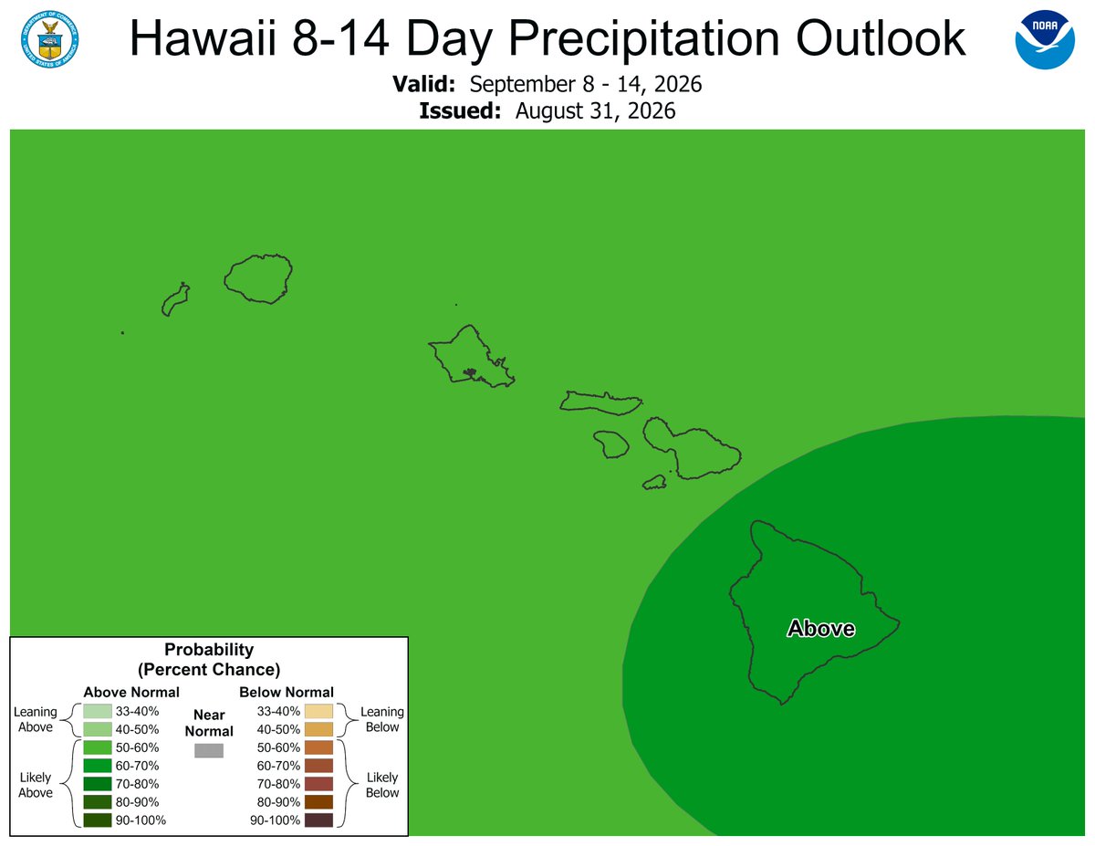 NWSCPC's tweet photo. Above normal precipitation is likely to continue across Hawaii past Labor Day weekend as tropical activity remains elevated across the eastern and central Pacific. Please refer to the National Hurricane Center for the latest developments (https://t.co/QeeuYVL3Qn). https://t.co/0kxFhipJUc