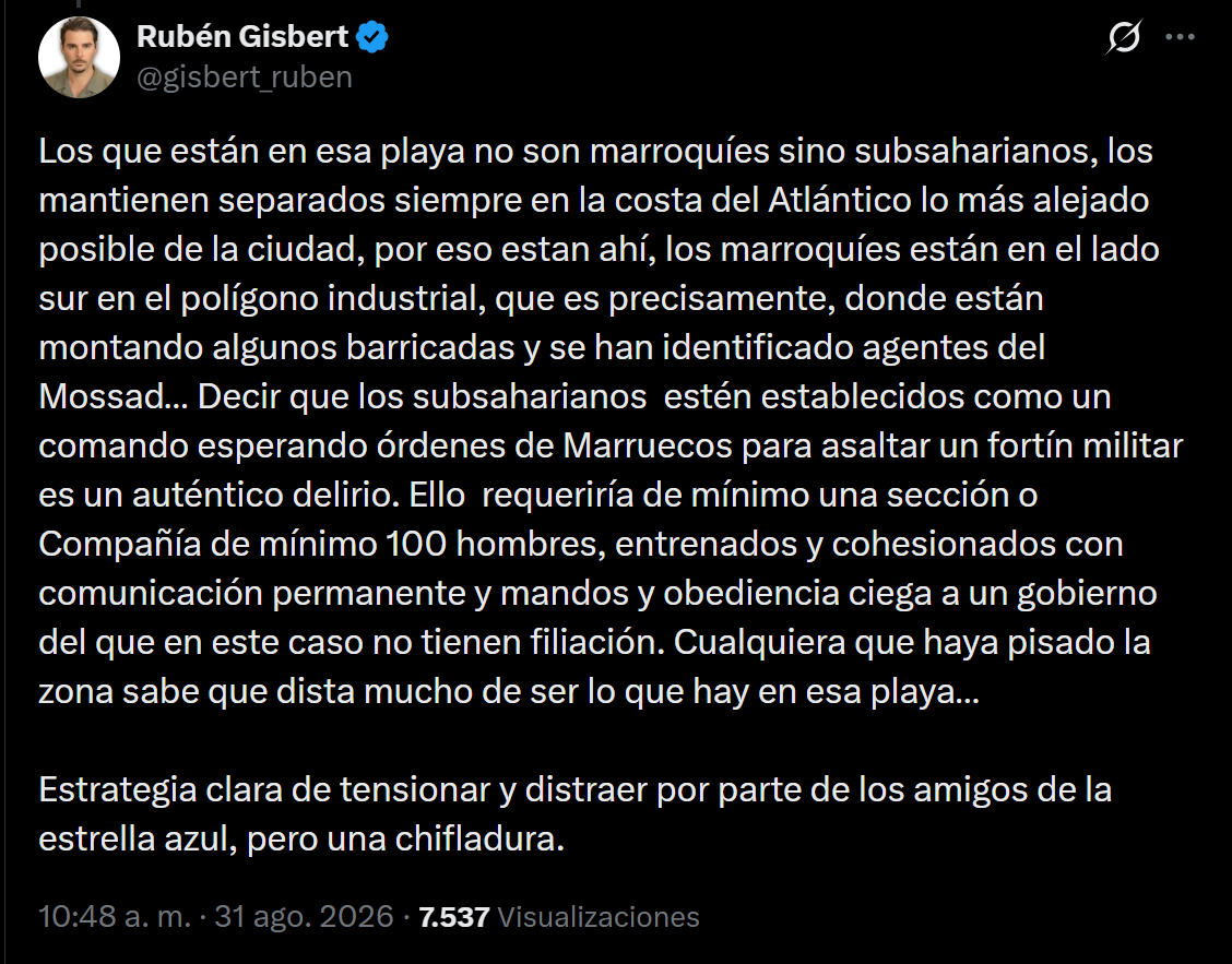 EstrateMilitar's tweet photo. Gisbert ha decidido que debe bloquearme para que no le tiré abajo sus mentiras...

Su última creación es que los Sub Saharianos están en el Tarajal y no en la playa del Trampolín . 

Según Gisbert en el Trampolín no hay marroquíes y todo esto es un invento mío porque soy agente del mossad.

Él fue a Ceuta en helicóptero a hacerse un video solo en un parque, no entro en el trampolín no hizo nada útil como siempre suele hacer revolcarse en el lodo y decir tonterías. 

Video de los Sub Saharianos supuestos del trampolín