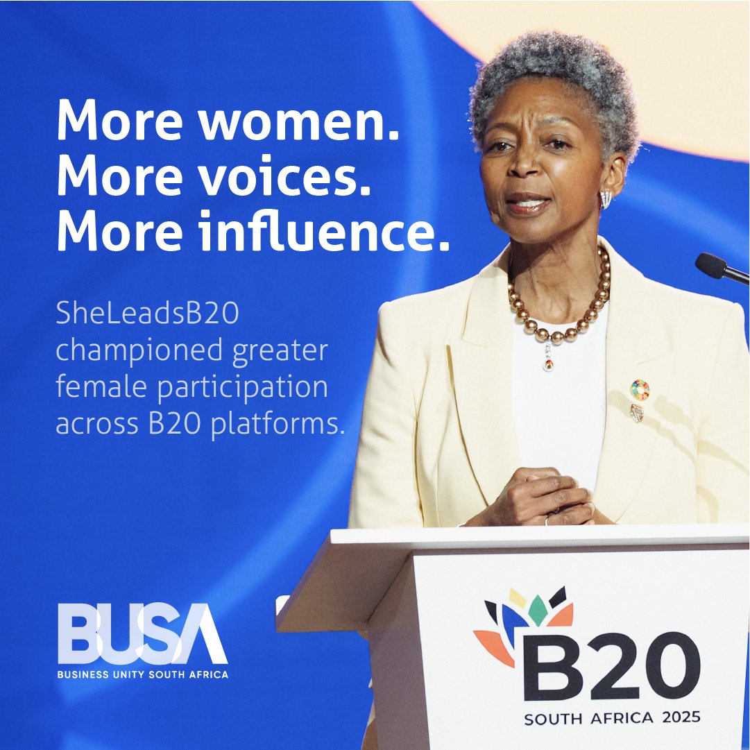 BusinessUnitySA's tweet photo. Progress means making space for more voices. As we wrap up Women’s Month, we reflect on the progress made through #B20SouthAfrica, advancing women’s participation across B20 platforms and strengthening representation in global business dialogue.

It is part of a broader B20 legacy, demonstrating how greater representation and inclusive leadership can bring diverse perspectives to the table, strengthen business dialogue and help shape more meaningful solutions for the future.

Explore the BUSA Annual Report 2026 for the full story: https://t.co/k8NH0F21jc

#B20SouthAfrica #SheLeadsB20 #WomensMonth