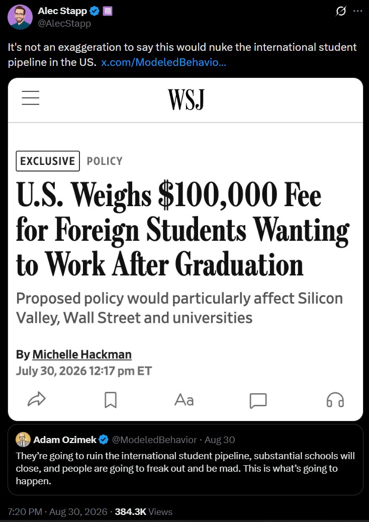CovfefeAnon's tweet photo. Universities are relying on the fact that people don't realize they're simply using regulatory arbitrage

They have been granted the (valuable) right to give out American citizenship and they simply offer it to anyone in the world in exchange for money

It is absurd that this privilege has been granted a set of institutions that so clearly have... a different view of what is in the interest of Americans - granted to them with the thought that "universities have intellectual standards that align with what Americans want out of potential citizens"

Every day there is a new illustration of why this idea is a complete joke