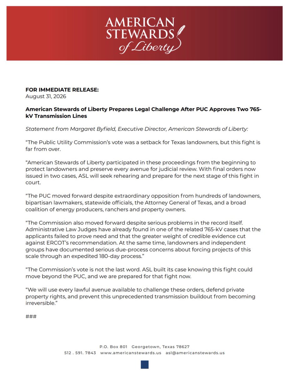ASL_Liberty's tweet photo. 🚨UPDATE: The PUC approved two 765-kV transmission lines, but the fight is FAR from over.

American Stewards of Liberty will seek rehearing and prepare for a legal challenge to the orders, with Executive Director Margaret Byfield making clear: “The Commission’s vote is not the last word.”
