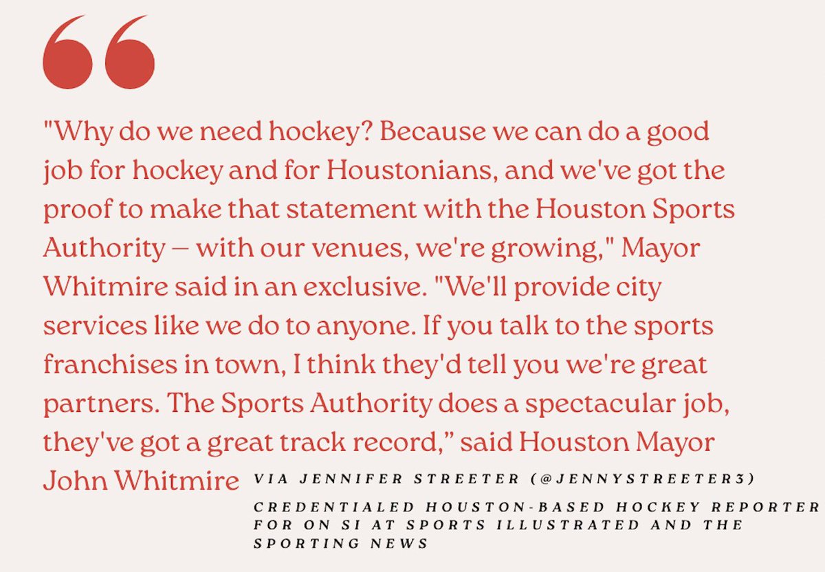 JennyStreeter3's tweet photo. After sitting down with Houston Mayor John Whitmire today, here's what he had to say on his interest in providing city to support to bring the NHL to Houston — and how the Harris County-Houston Sports Authority (@HC_HSA) will be involved.

#NHLtoHouston | @NHL https://t.co/RdY65lTseK
