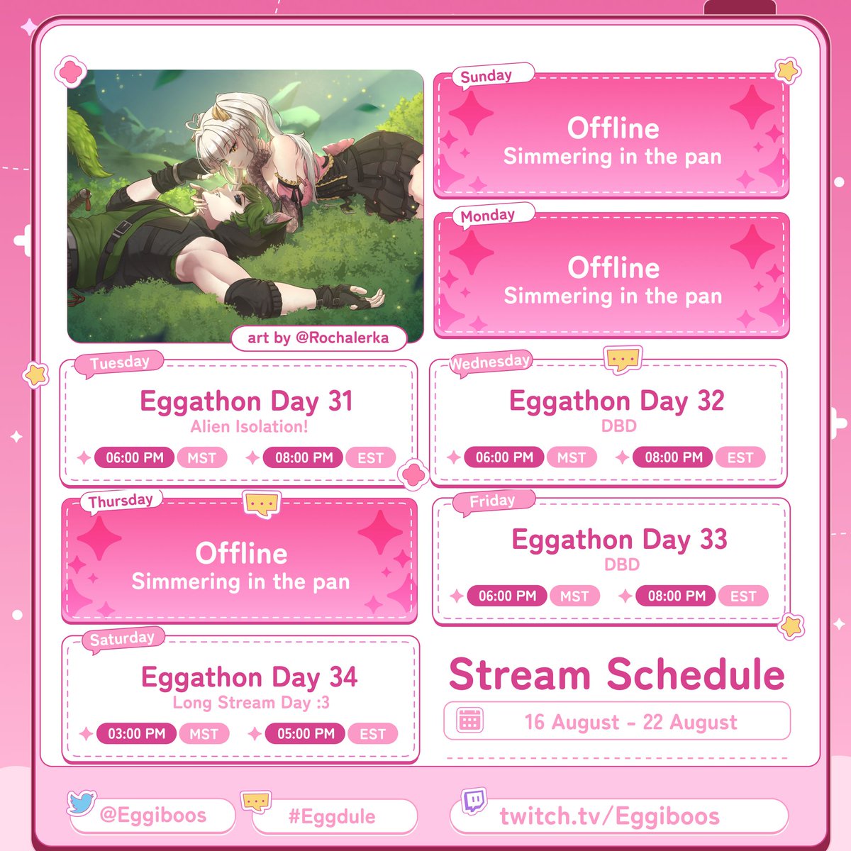 eggiboos's tweet photo. {The Breakfast Nook}
🗓️Eggdule for Aug. 31st-6th🗓️
Officially one month of Subathon streams still at like 39 hours! XD
{#eggdule}
☆〜Mon- Eggathon Day 31 (Alien)
☆〜Wed- Eggathon Day 27 (DBD)
☆〜Fri- Eggathon Day 28 (DBD)
☆〜Sat- Eggathon Day 29 (Long Stream) https://t.co/pade1nIJei