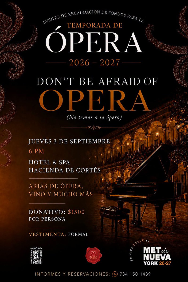 amimuscuerna's tweet photo. Amigos de la Música hace posible en Cuernavaca The Met: Live in HD https://t.co/KpqtrLMJEp Para solventar el alto costo, necesitamos tu donativo. En esta velada escucharemos a destacados cantantes, quienes nos permitirán vivir la emoción de la bella ópera. (Vestimenta formal) https://t.co/w8oDsNC6mR