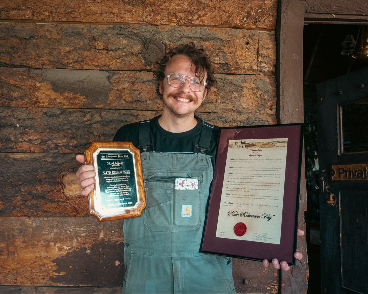 MayorKeller's tweet photo. Today, we celebrated the ongoing restoration of the Historic Albuquerque Press Club and the 1903 Whittlesey House.

Nate Robertson has spent countless hours helping preserve and restore this one-of-a-kind building, and today we recognized his craftsmanship and dedication. https://t.co/wbYacBBv8a