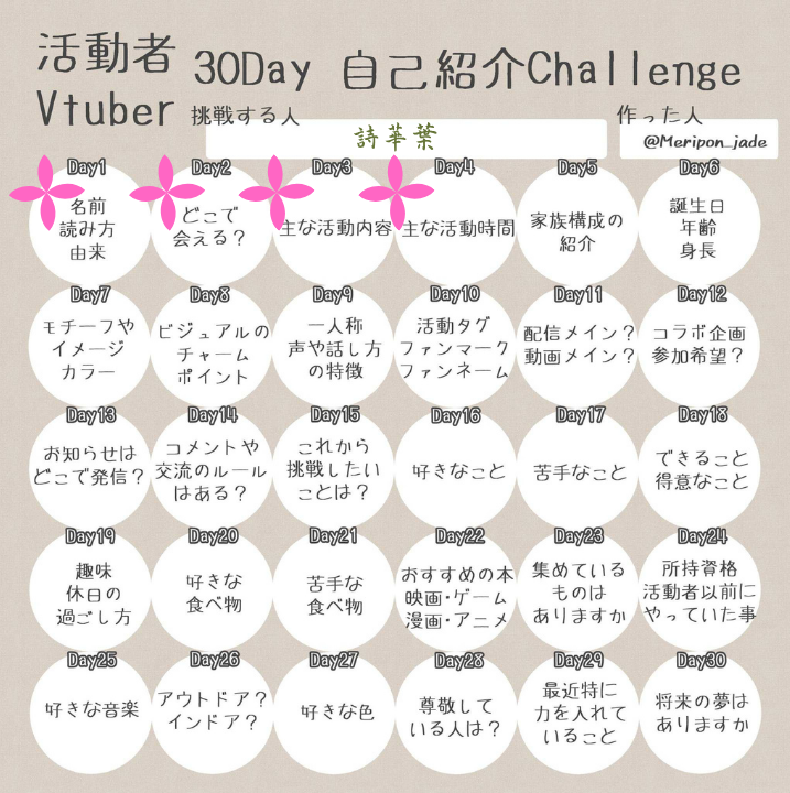 shicaba_25's tweet photo. 自己紹介『4日目』！

基本的に10～12時、
14～16時あたりを中心に活動予定～🌸
あと夜にちょくちょく1～2時くらいでちょこっと配信したり、
卓がお休みの日は20～0時で出来るかも！
時間ばらけるけど、良ければ見に来てくださいね✨

＃Vtuber30Day自己紹介Challenge
＃IRIAM準備中 https://t.co/EAfGl3zlUk