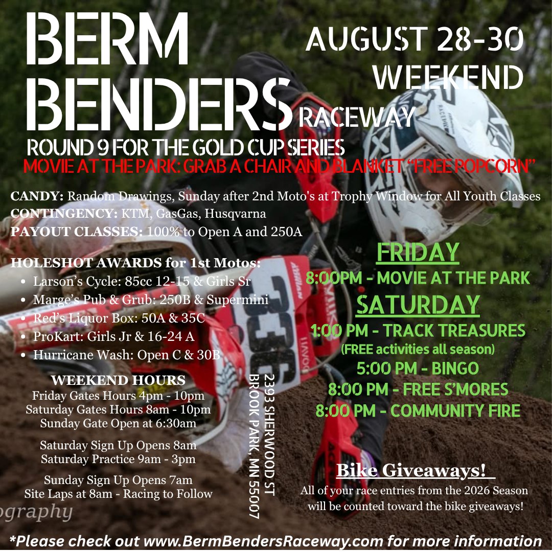ElviaFager's tweet photo. New to motocross? Berm Benders Raceway welcomes everyone, from first-time riders to experienced racers. Open practice: August 29, 9 AM–3 PM. Racing: August 30, site laps at 8 AM. 2393 Sherwood St., Brook Park, MN. https://t.co/DbFWBP8h8N