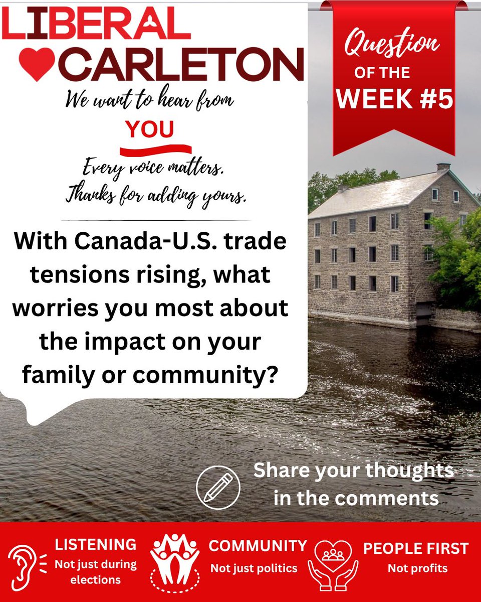 CarletonPLA's tweet photo. 🇨🇦 This week’s question:

With Canada-U.S. trade tensions rising, what worries you most about the impact on your family or community?

🛒 Costs?
👷 Jobs?
🏪 Local businesses?
💬 Something else?

We want to hear from you. ❤️

👉  https://t.co/CqjcuM1S75

#Carleton #onpoli

******

🇨🇦 La question de cette semaine :

Avec la montée des tensions commerciales entre le Canada et les États-Unis, qu’est-ce qui vous préoccupe le plus quant aux répercussions sur votre famille ou votre communauté?

🛒 Les coûts?
👷 Les emplois?
🏪 Les entreprises locales?
💬 Autre chose?

Nous voulons vous entendre. ❤️

👉  https://t.co/CqjcuM1S75

#Carleton #onpoli