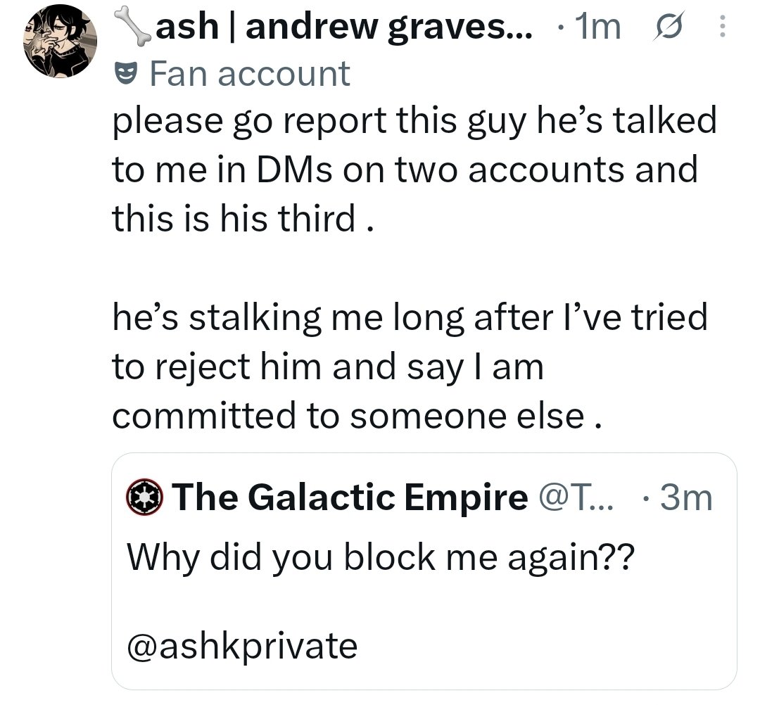 TheSithLord62's tweet photo. That's not true, I never stalked you. You blocked my first acc without reason, you said you were bad with words and that was fine. You blocked my 2nd acc for whatever reason was there. I accept that you don't want me. I simply wanted to keep talking with you is all. https://t.co/8W8t9NL3Ex
