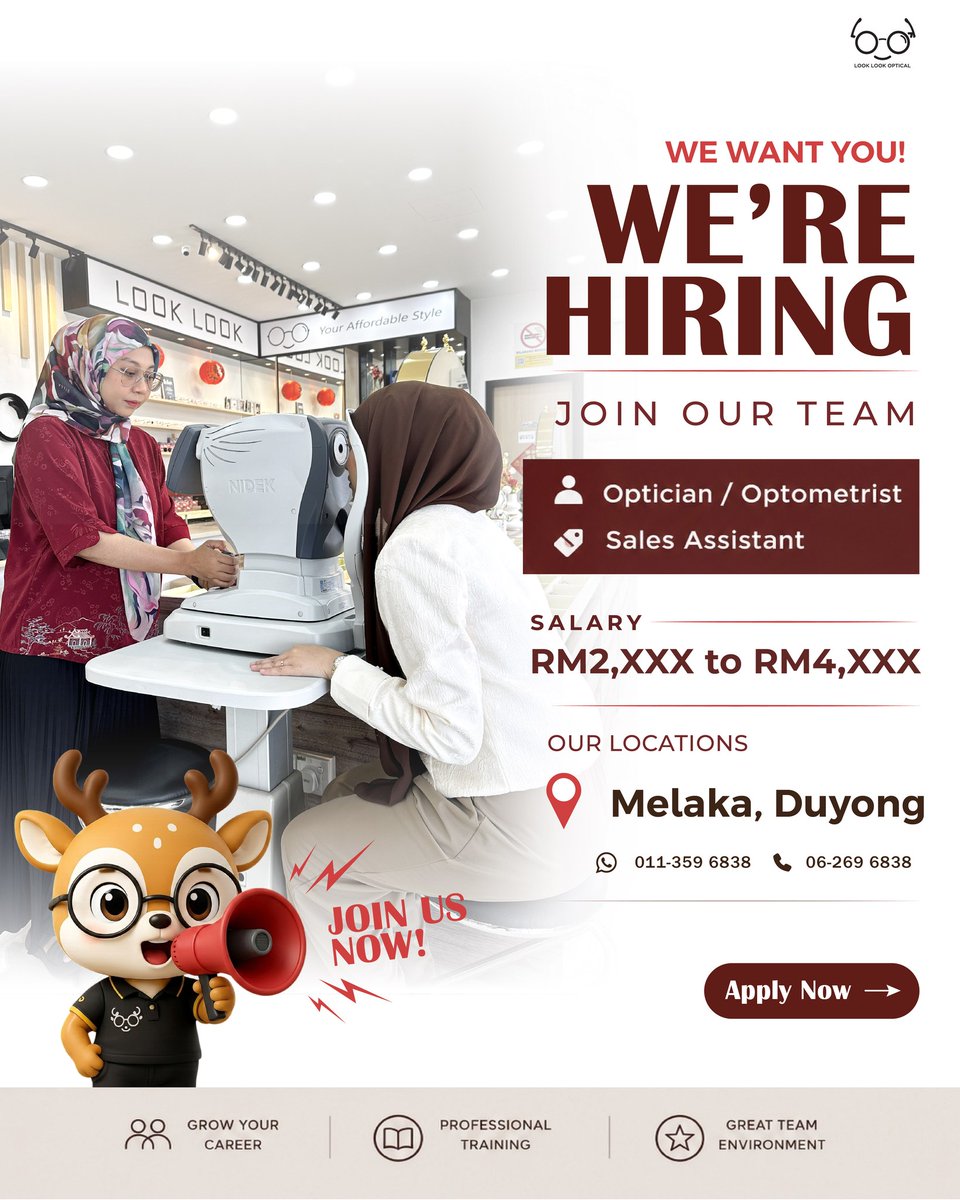 ShontaRave1ph's tweet photo. LOOK LOOK OPTICAL is hiring in Duyong, Melaka! Positions: Optician, Optometrist and Sales Assistant 
Salary: RM2, XXX–RM4, XXX++ 
6-day workweek, EPF, SOCSO, EIS, commission, bonuses and training provided. Walk-in interviews welcome. Call 06-269 https://t.co/3dOBj9INYc