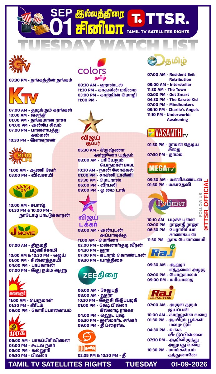 TTSR_Official's tweet photo. #IllaThiraiCinema
#Tuesday
01-09-2026
#SunTV
#KTV
#JayaTV
#JMovie
#VijayTV
#VijaySuper
#ColorsTamil
#ZeeTamil
#ZeeThirai
#KalaignarTV
#Dharman #Jailer2 #DareDevil #JanaNayagan #Karuppu #Arasan #Seyon #Om #Toxic #Varanasi #TTSR #TamilTVSatellitesRights #VijayaVikash
#VIJAYAVIKASHM https://t.co/YgTEr4FU7g