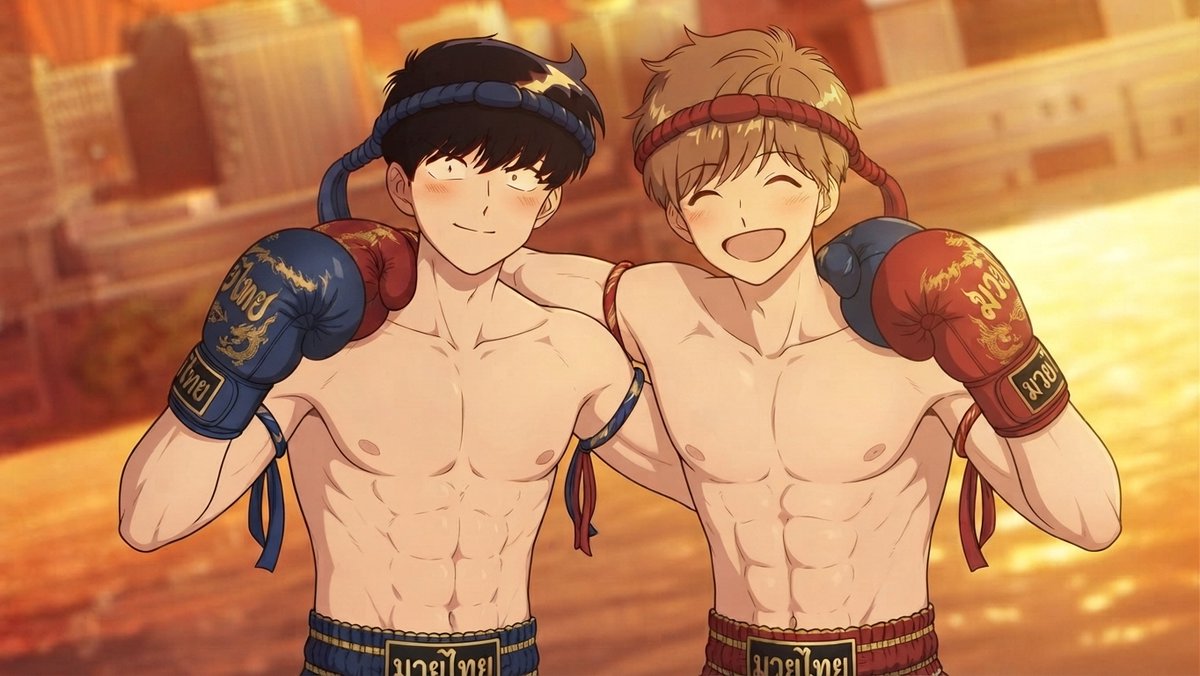 Bili4519's tweet photo. Remember episode 6 of #GanbareNakamuraKun (the anime)? that amazing romantic, beautiful ending, in the warm sunset colors?

Well here's a new version related to our 🦀 #Hirose &amp; 🐙#Nakamura #muaythai adventures 🥊😉

#GoForItNakamura #nakahiro https://t.co/B2P1jISl2I