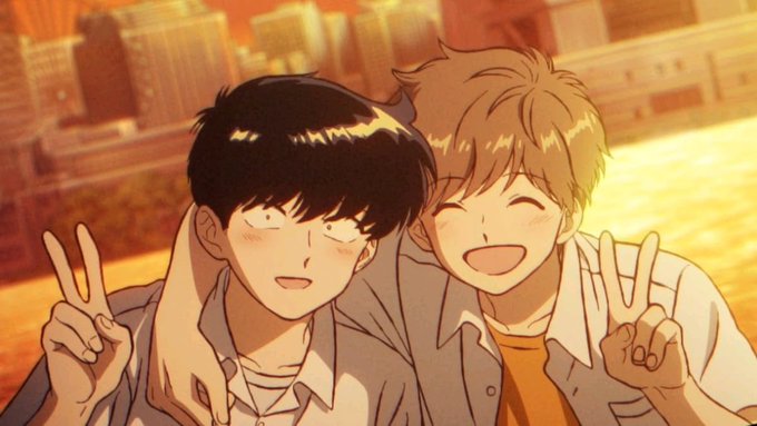 Bili4519's tweet photo. Remember episode 6 of #GanbareNakamuraKun (the anime)? that amazing romantic, beautiful ending, in the warm sunset colors?

Well here's a new version related to our 🦀 #Hirose &amp; 🐙#Nakamura #muaythai adventures 🥊😉

#GoForItNakamura #nakahiro https://t.co/B2P1jISl2I