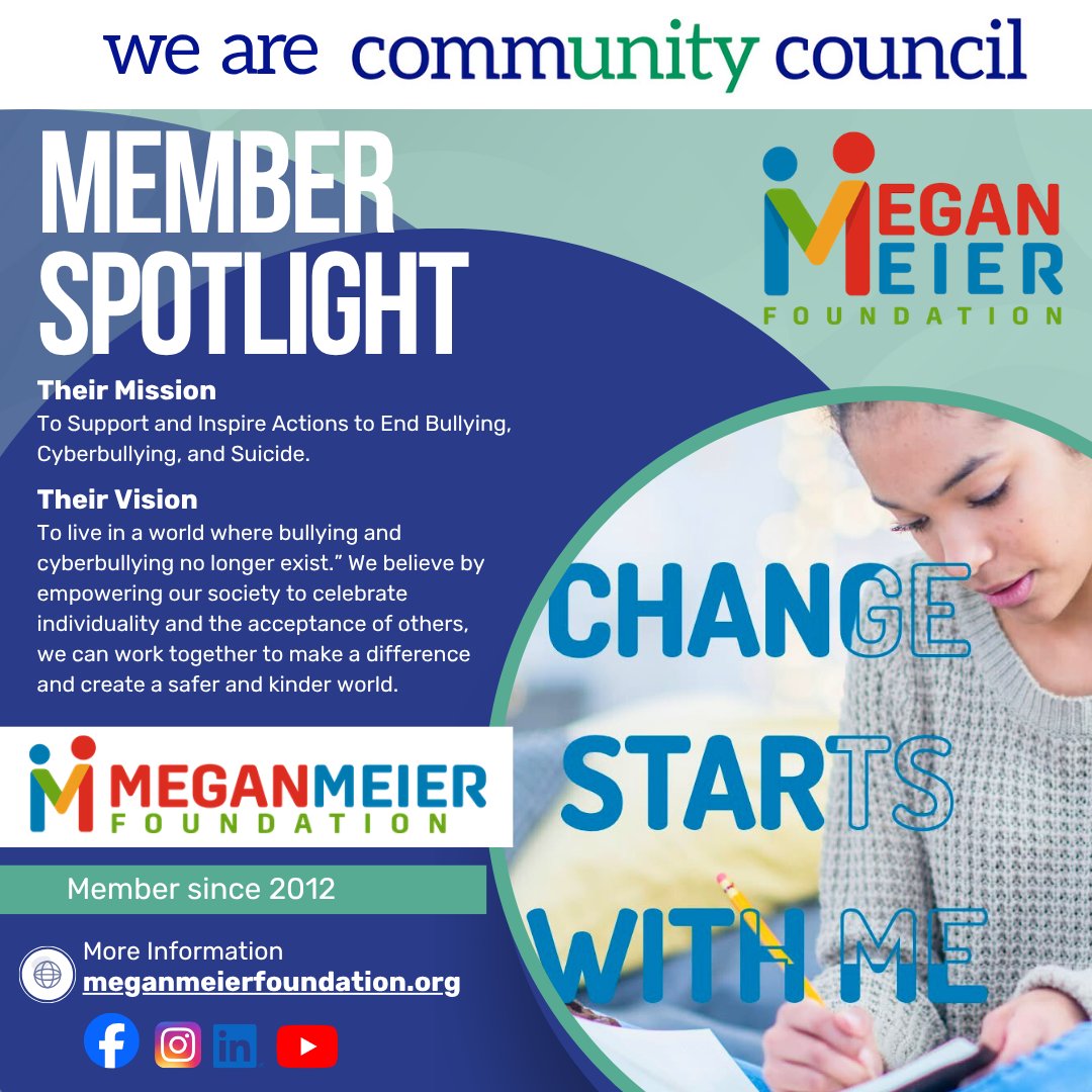 CommunitySTC's tweet photo. Member Spotlight: Megan Meier Foundation, a Community Council member since 2012, fights bullying and suicide to create a kinder world. Join founder Tina Meier at our Nov Networking Luncheon! Learn more and register: https://t.co/1tpKlyFhZ4 https://t.co/BHuVbmuSPK