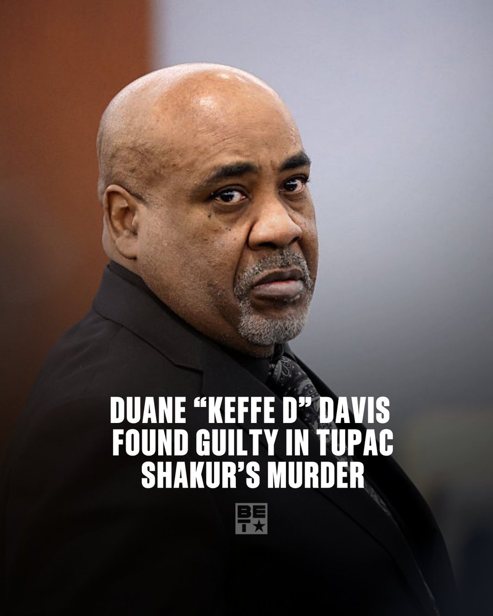 BET's tweet photo. Nearly 30 years after Tupac Shakur was fatally shot in Las Vegas, a jury has reached a historic verdict in his murder case.

Duane “Keffe D” Davis has been found guilty of first-degree murder in connection with the 1996 killing of the 25-year-old hip-hop icon. Prosecutors did not accuse Davis of firing the fatal shots, but argued that he orchestrated the attack and provided the weapon used in the shooting. Davis was the only person ever charged in Tupac’s murder.

The verdict marks a major development in a case that has remained one of the most infamous and closely followed mysteries in hip-hop history.