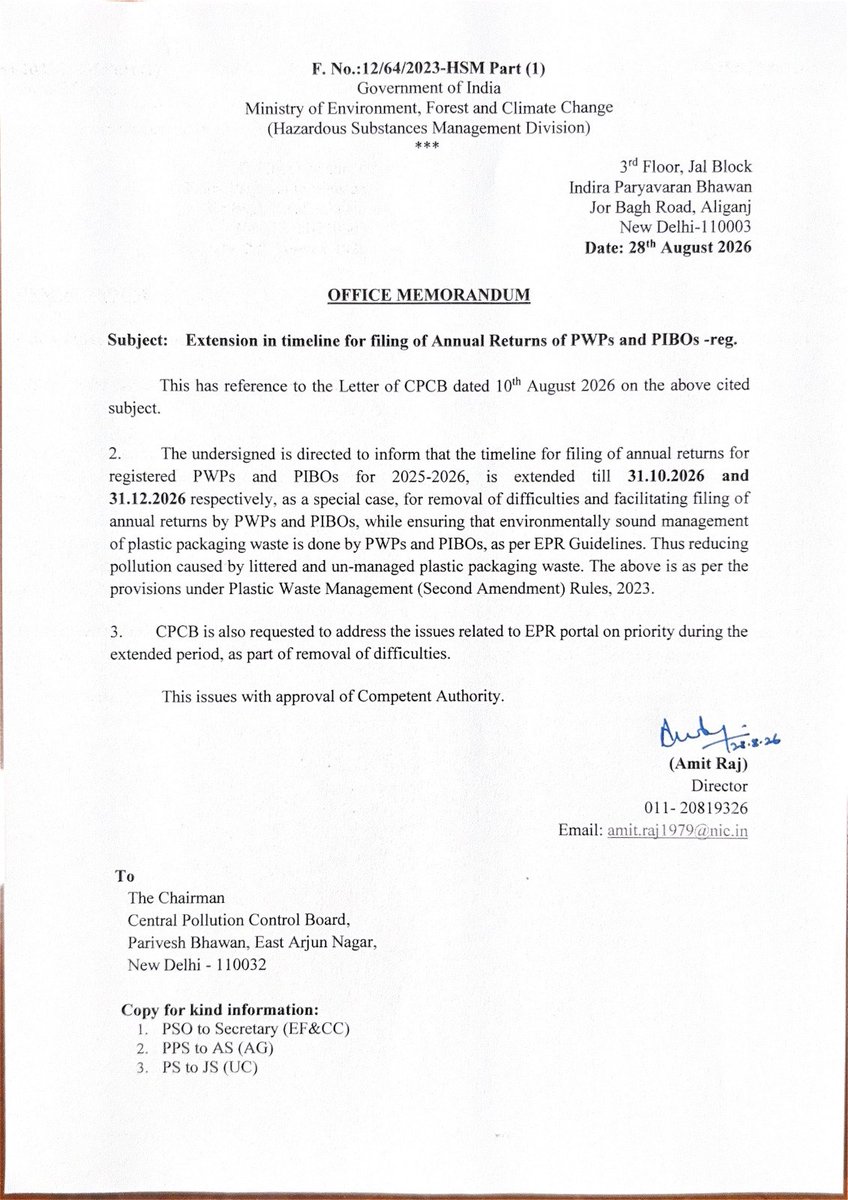 IndianEnviro's tweet photo. 📢 MoEFCC Update | EPR Annual Returns

Filing timelines for FY 2025–26 have been extended:

🔹 PWPs: 31 October 2026
🔹 PIBOs: 31 December 2026

Stakeholders are advised to complete filings within the revised timelines.

#IndianEnviro #EPR #CPCB #Compliance #PlasticWaste https://t.co/aTdup4Czrp