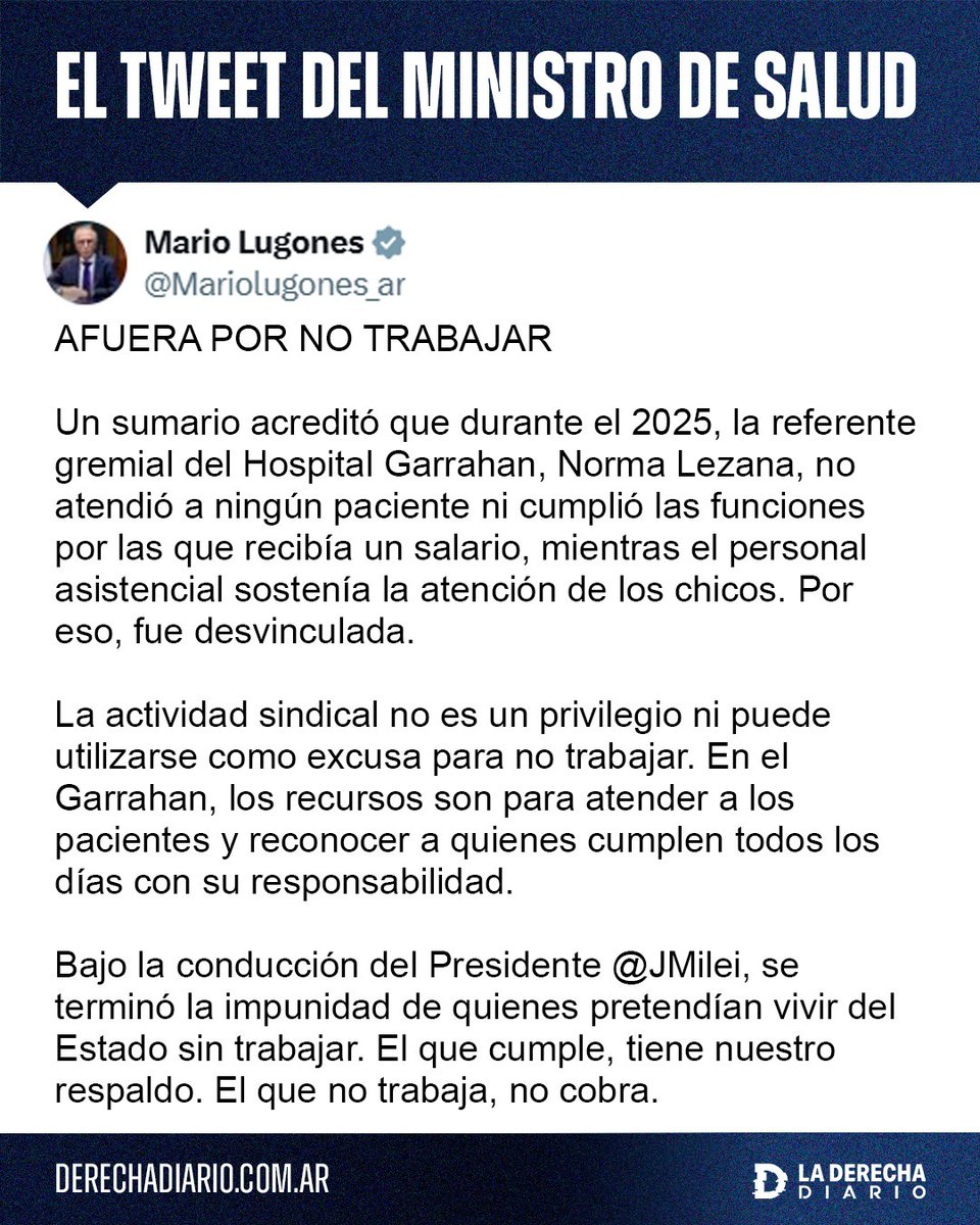 laderechadiario's tweet photo. 🚨🇦🇷 | SE CELEBRA: El ministro de Salud de Milei, Mario Lugones, anunció la desvinculación de la referente gremial Norma Lezama del Hospital Garrahan, luego de que un sumario interno concluyera que durante 2025 no realizó tareas asistenciales ni atendió pacientes, mientras sí participaba activamente en actividades gremiales.

"La actividad sindical no es un privilegio ni puede utilizarse como excusa para no trabajar. En el Garrahan, los recursos son para atender a los pacientes y reconocer a quienes cumplen todos los días con su responsabilidad.
Bajo la conducción del Presidente @JMilei, se terminó la impunidad de quienes pretendían vivir del Estado sin trabajar. El que cumple, tiene nuestro respaldo. El que no trabaja, no cobra".