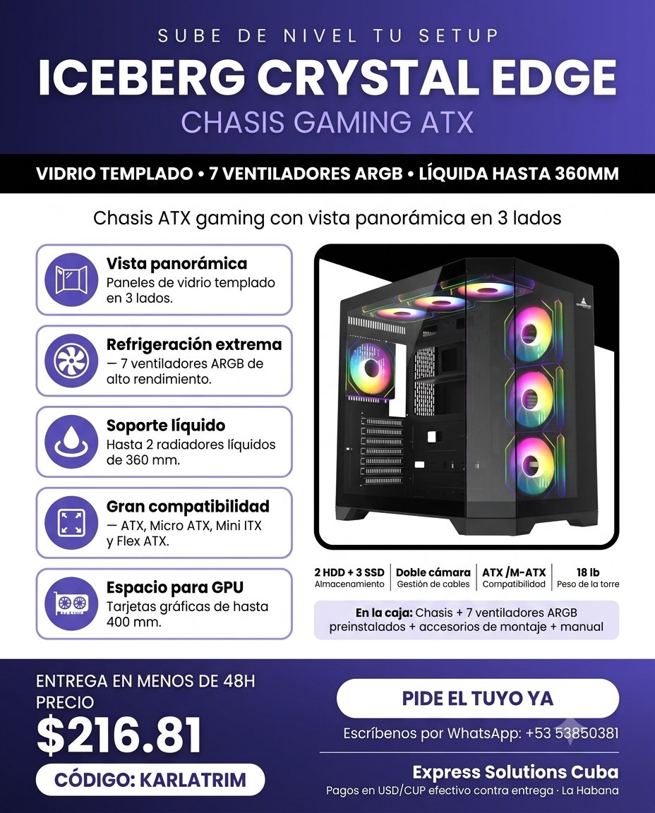 JabaleraShop's tweet photo. 🚀 ¿Listo para subir de nivel tu setup? Este chasis llegó a romperla: vidrio templado + ARGB total 🔥 Código KARLATRIM = 2% OFF 👇 https://t.co/3VSb6RF6AP

#ExpressSolutions #TiendaOnline #TecnologiaCuba #Gaming https://t.co/jJbdK7aioD