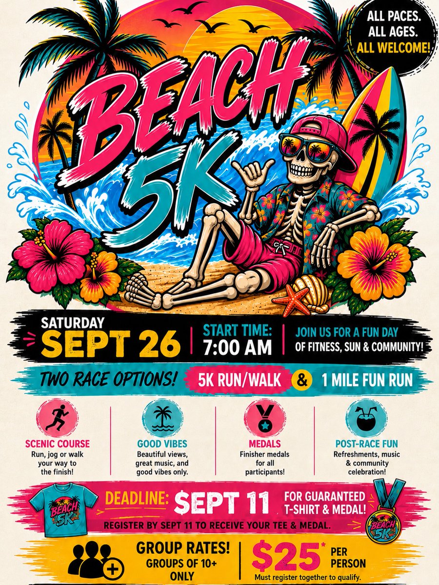 RaynaPentaave's tweet photo. BEACH 5K — LET’S MAKE WAVES! Join us Saturday, September 26 at 7 AM for a Beach 5K Run/Walk or 1-Mile Fun Run during our CrossFit and HYROX Competition Weekend. Open to all ages and paces. Enjoy finisher medals, event T-shirts, good vibes, and https://t.co/1Ktu4cYIug