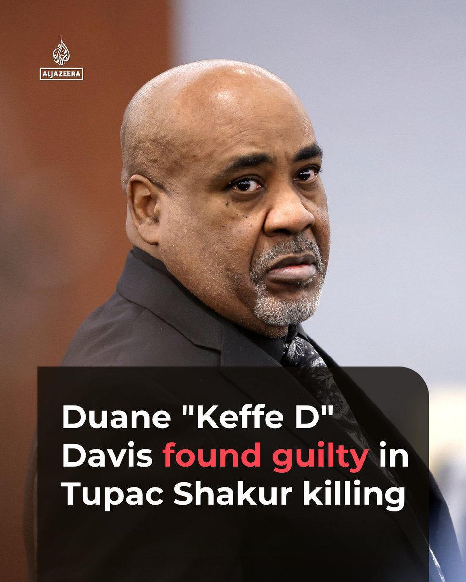 AJEnglish's tweet photo. A jury has found Duane "Keffe D" Davis guilty of orchestrating the 1996 killing of US rapper Tupac Shakur, marking the first and only conviction in the case. 

Shakur was shot in Las Vegas in September 1996 and died a week later.

🔴 More on https://t.co/MbrRGkFd1I https://t.co/LPMF3kYdiX