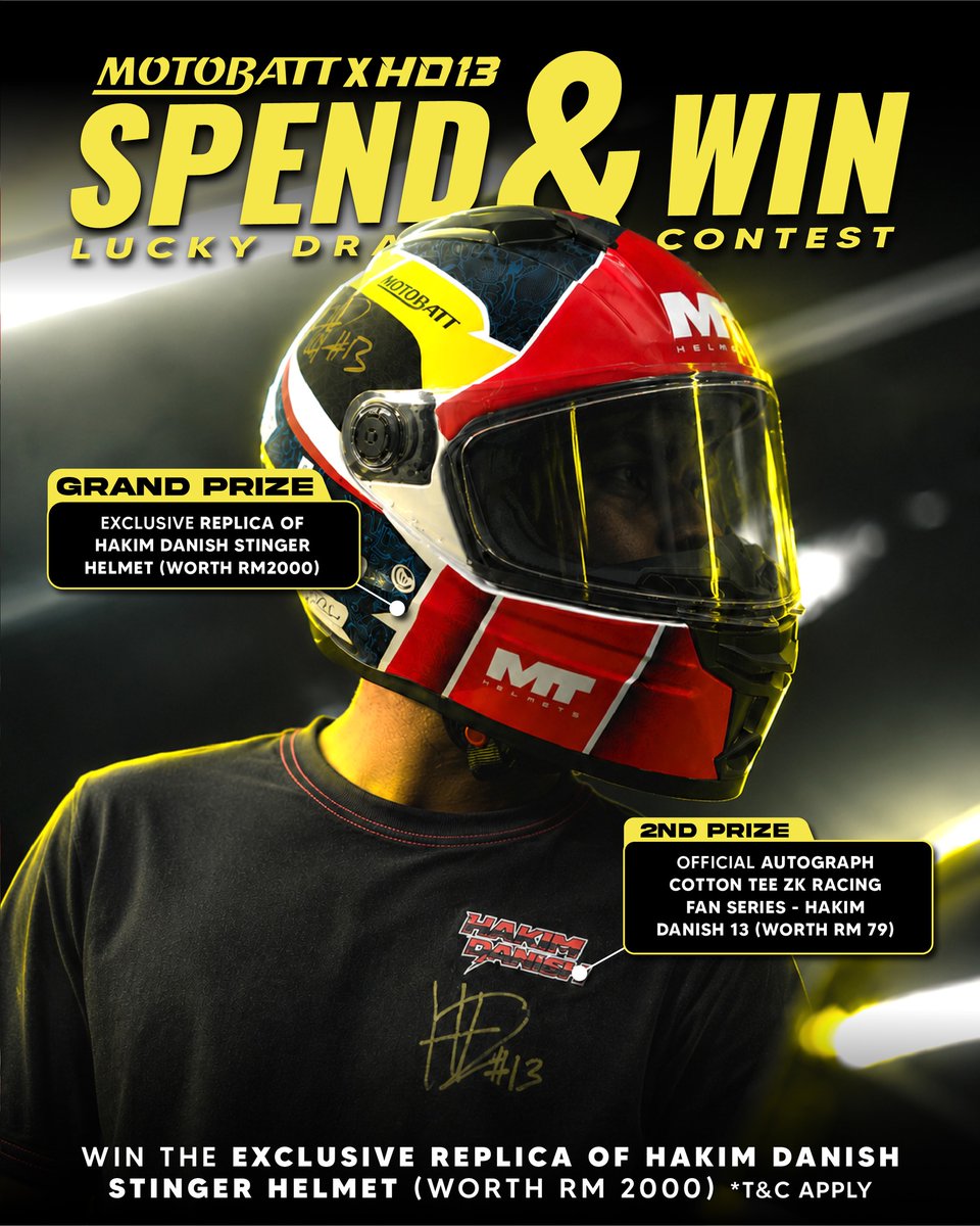 StephaniaOrxer's tweet photo. Ride with confidence. Win with Motobatt. Purchase any Motobatt GEL or QUADFLEX battery for a chance to win exclusive Hakim Danish prizes. Grand Prize: Hakim Danish Stinger Replica Helmet worth RM2, 000 
Second Prize: Official Hakim Danish 13 https://t.co/l2NMS8DZUD