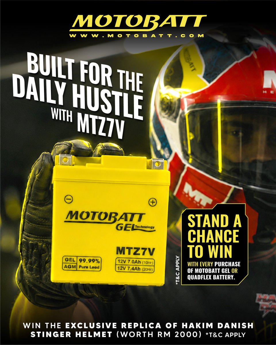 StephaniaOrxer's tweet photo. Ride with confidence. Win with Motobatt. Purchase any Motobatt GEL or QUADFLEX battery for a chance to win exclusive Hakim Danish prizes. Grand Prize: Hakim Danish Stinger Replica Helmet worth RM2, 000 
Second Prize: Official Hakim Danish 13 https://t.co/l2NMS8DZUD
