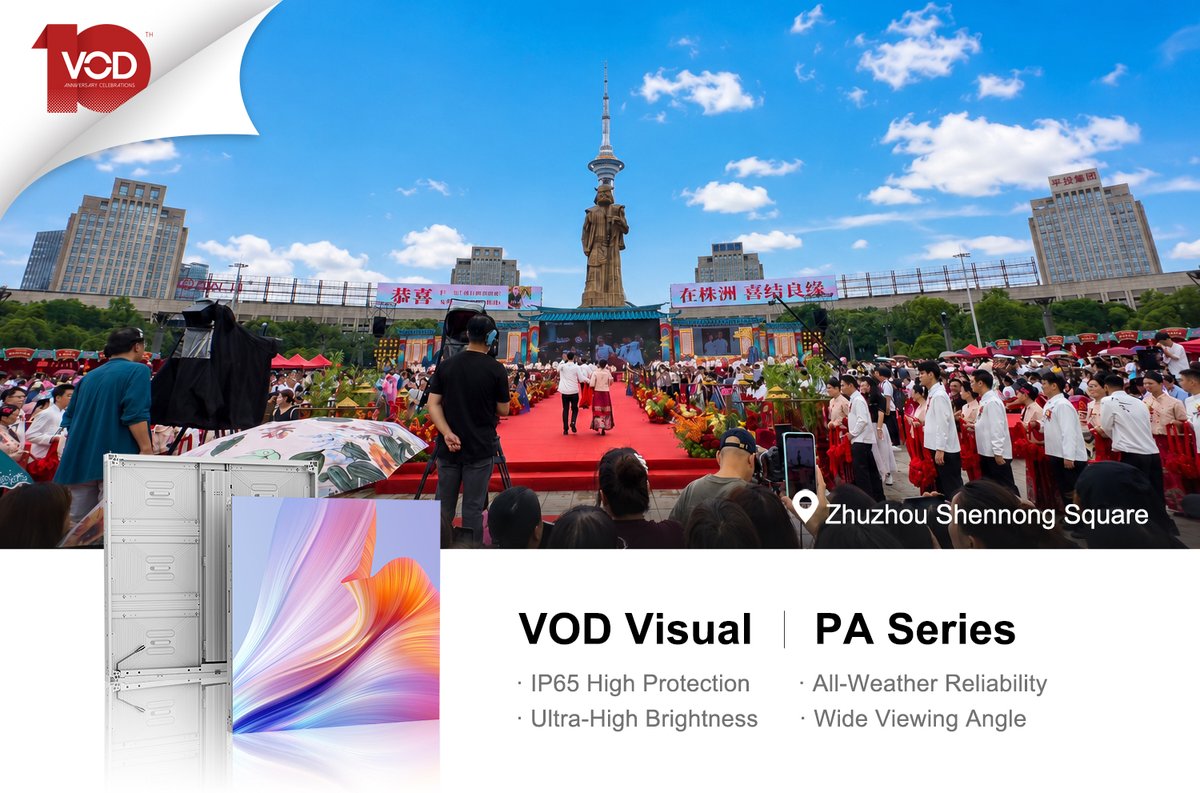 VOD__Visual's tweet photo. VOD Visual is proud to launch a breathtaking 1,300m² PA Series P10 Outdoor LED installation—seamlessly fusing Zhuzhou’s rich cultural heritage with state-of-the-art digital display technology.
#VODVisual #OutdoorLED #PASeries #NakedEye3D #DigitalSignage #SmartCity #Zhuzhou https://t.co/MZ6wQzNl0M