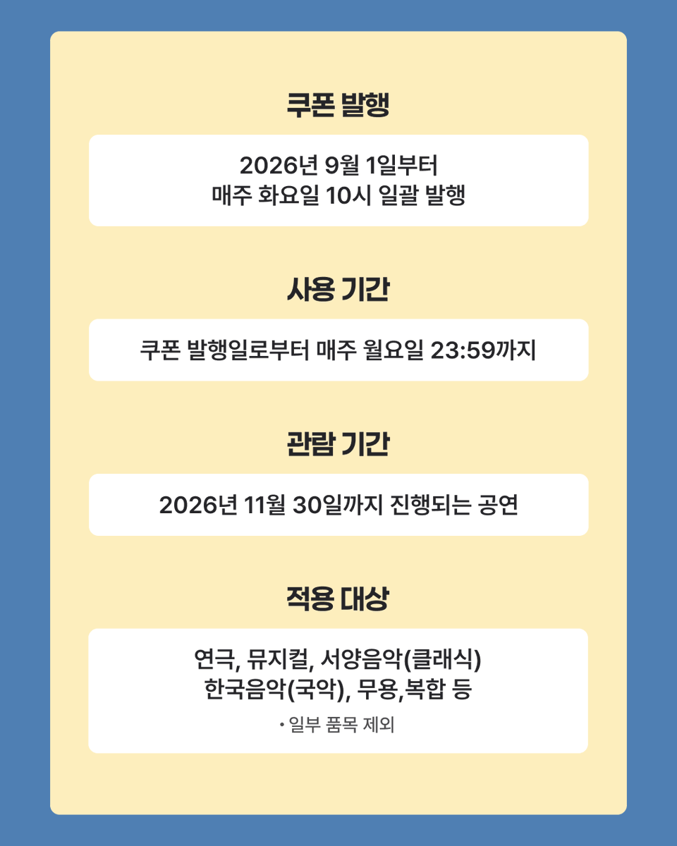 nhn_ticketlink's tweet photo. 매주 화요일 10시, 공연 덕질할 결심 🎭

2026 공연관람료 할인 쿠폰
최대 40,000원 할인 + 예매수수료 면제까지

✅ 쿠폰금액 10,000원 (전국/비수도권 각각)
✅ 최소 결제금액 15,000원
✅ 회차별 인당 2매 발급 가능

📅 발행 : 2026.9.1(화)부터 매주 화요일 10시 일괄 발행
⏰ 사용기한 : 발행일로부터 다음주 월요일 23:59까지
🎫 관람기간 : ~2026.11.30 공연 대상
🎭 적용 대상 : 연극·뮤지컬·클래식·국악·무용·복합 등

알람 맞춰두고 화요일 10시, 티켓링크에서 만나요!
매진 임박, 선착순 발급이니 서두르세요 ⏱️

💙보러가기 : https://t.co/VyxkOLXLpe

#티켓링크 #공연관람료할인 #공연할인쿠폰 #뮤지컬할인 #연극할인 #예매수수료면제