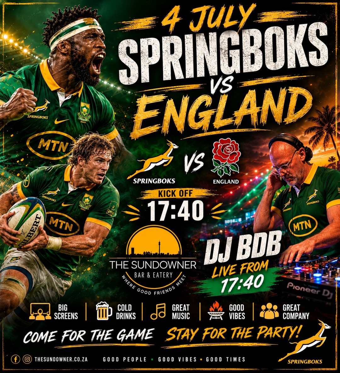 EricFruehack's tweet photo. Springbok Rugby &amp; Party Night with DJ BDB — Saturday, 4 July. Watch the Springboks take on England, then dance to 80s, 90s and 2000s remixes. Drinks, a great crowd and unbeatable vibes at The Sundowner, Randburg. 19:00–23:00. https://t.co/PvqtlqQHf1
