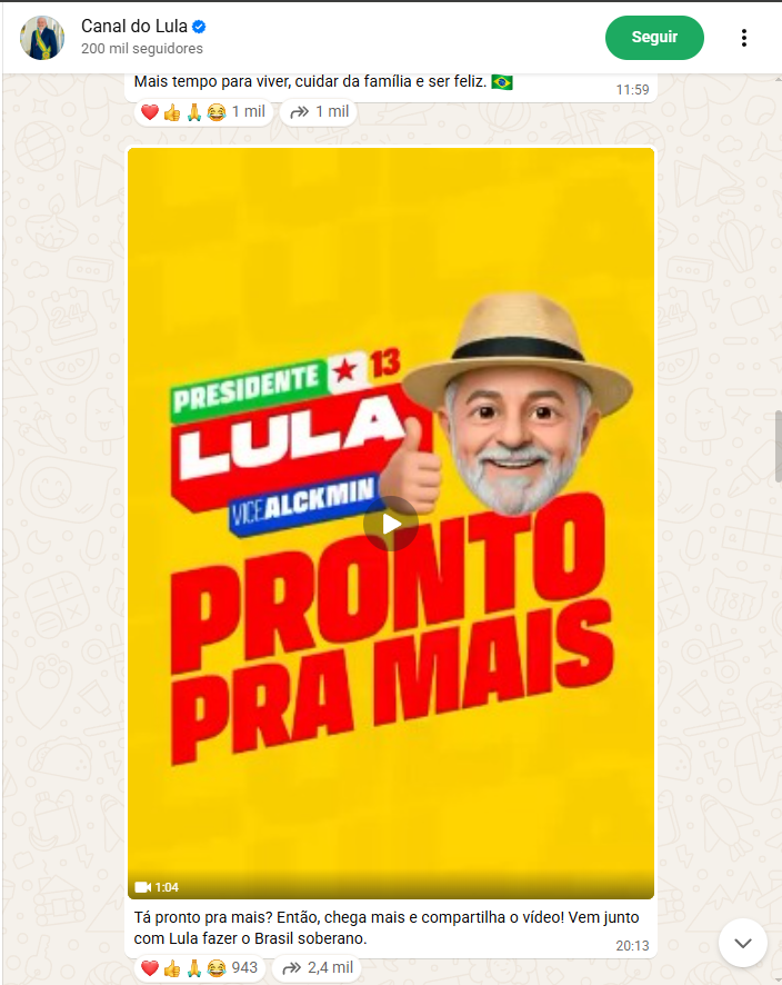republiqueBRA's tweet photo. 🚨 💬 Canal de WhatsApp de Lula, candidato à reeleição, não foi informado no registro de redes sociais da candidatura disponível no site do TSE. https://t.co/6jyruS0V0I