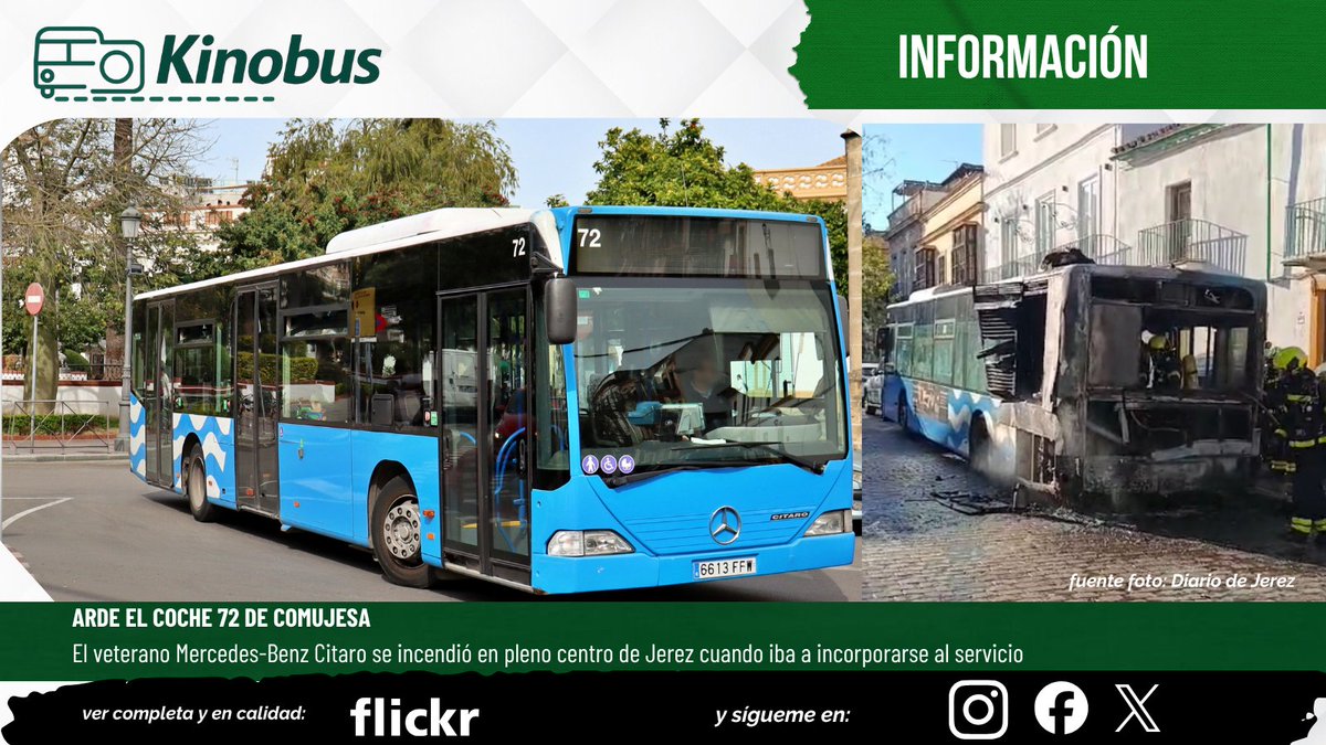 kinobus_'s tweet photo. 🔥 Nuevo incendio en la flota urbana de Jerez. El coche 72 de Comujesa, un Mercedes-Benz Citaro de 2006, ardió el domingo en la calle Medina. No hubo heridos.
Estos incidentes han disminuido notablemente tras la llegada de los nuevos Citaro Hybrid. #Kinobus https://t.co/pta6oRb67g