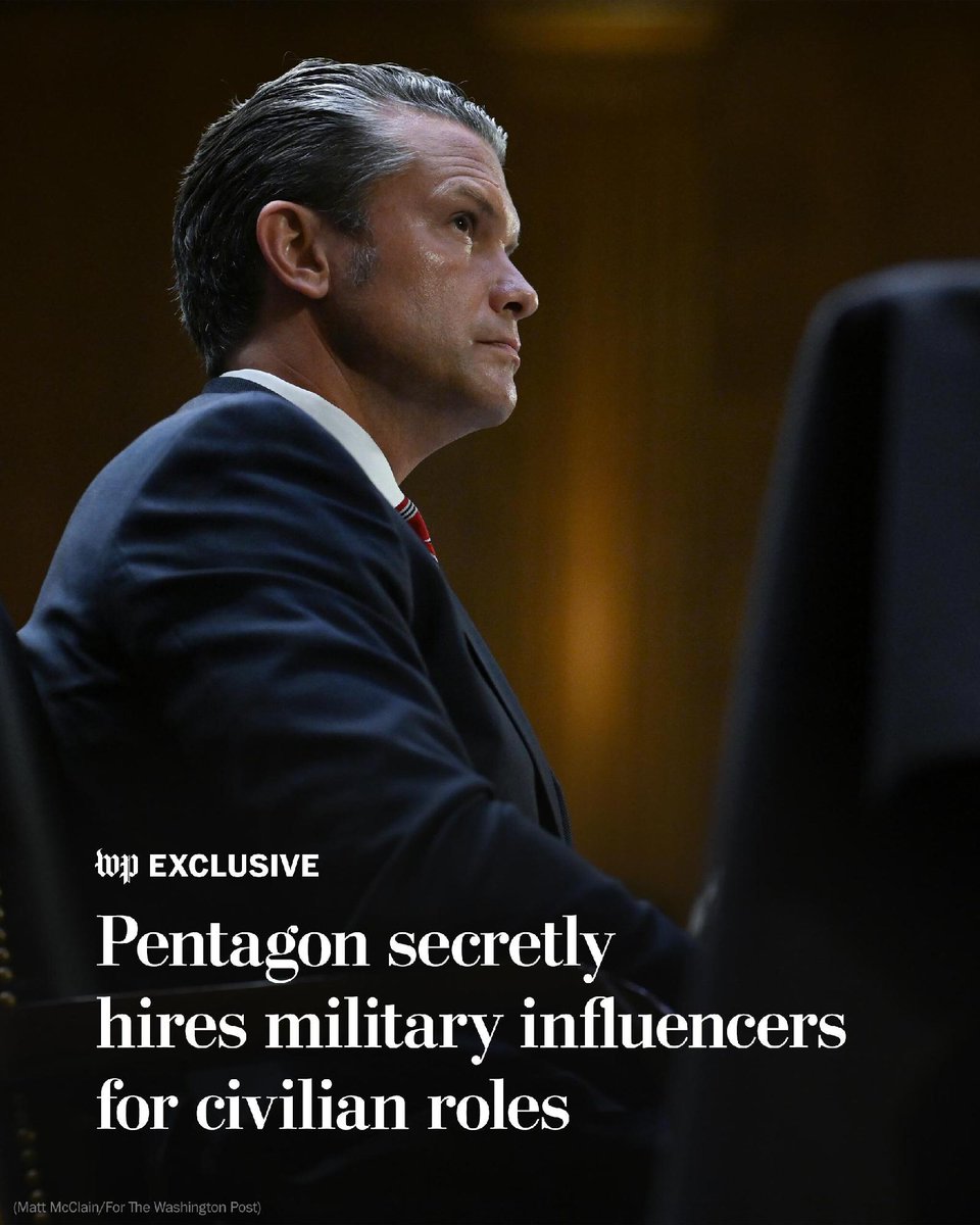 washingtonpost's tweet photo. Exclusive: The Pentagon has secretly installed several conservative military veterans with large online followings in government roles, declining to disclose their assignments as they amplify Defense Secretary Pete Hegseth’s viewpoints. https://t.co/TT5BSe07Bk https://t.co/tWKer64R6q