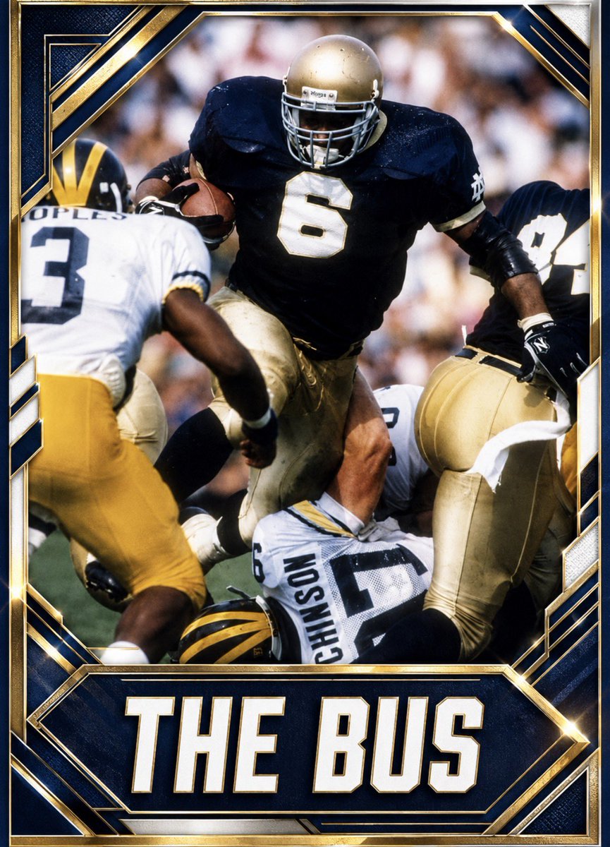 dosleprechauns's tweet photo. Now for the Main Event on this 6 days til the Irish start the Leave No Doubt and Win For Lou Tour 2026. This hoss was one of the very finest players to ever don the gold helmet. He was unlike anything we’ve ever seen at fullback and tailback. At 5-10 245lbs he was fleet footed for someone that big. When he ran the football he was a bowling ball of butcher knives with tacklers busting off him left and right. He was a unstoppable force. He also had soft hands and could make plays in the passing game. There was nothing this battering ram could not do with the football. During his time at ‘The House that Rockne Built’ he racked up 2,341 yards of total offense and visited the end zone 33 times. He went on to be one of the greatest players in the history of football with the Pittsburgh Steelers and winning a Super Bowl. He is also enshrined in the Pro Football Hall of Fame.  He has a son who plays receiver as well for the Irish Jerome Jr. #6 The Wheels on The Bus Go Round and Round, Jerome ‘The Bus’ Bettis