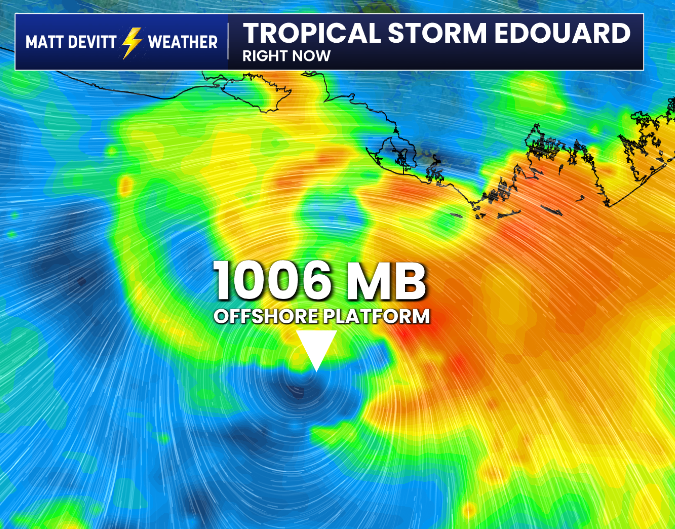 MattDevittWX's tweet photo. Tropical Storm #Edouard appears to be strengthening. NHC reported a pressure of 1010 mb at 8 PM ET and an hour later an offshore platform close to the center is reporting 1006 mb and falling. Wind is also sustained at 47 mph and gusting to 58 mph (elevated, height near 100 ft). More: https://t.co/V7OH838Dzb