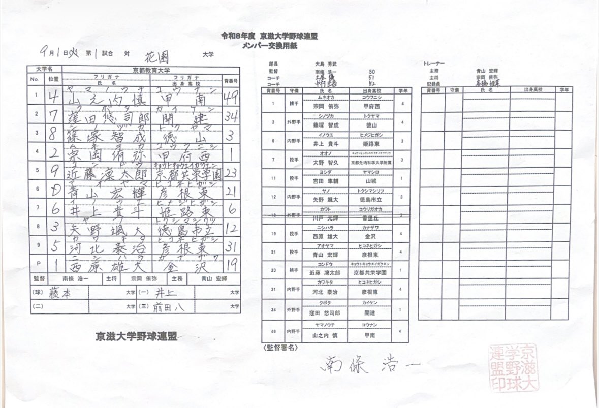 kbl_1part's tweet photo. 令和8年度 秋季リーグ戦
第1節 1回戦 第1試合
📍わかさスタジアム京都
花園大学 対 京都教育大学
本日のスターティングラインナップ並びに
ベンチ入りメンバー https://t.co/au9sEZqE01