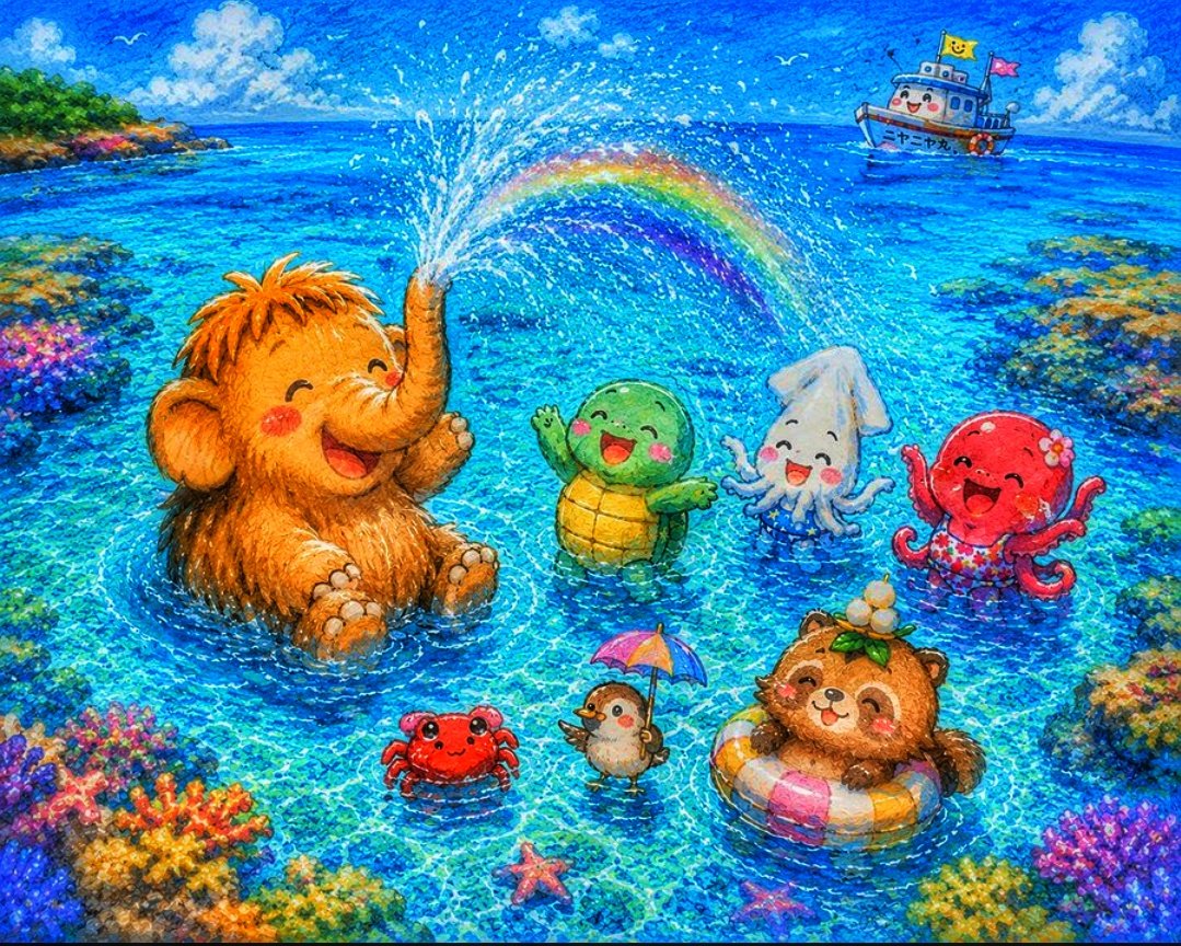 gnirpsspri18024's tweet photo. 夏の思い出🌈チャカポコ隊、南国の天然プールへ🌴マンモーちゃんも仲間と大はしゃぎ！#オリジナルキャラクター #AIアート #AIと創作 https://t.co/1gNqRQtRK2
