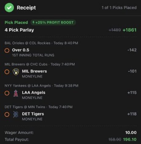 mirabaddi's tweet photo. ⚾️ Courtside MLB 1st Inning &amp; Mystery Parlay Boost

⚾️ +1861 (FV +1496.66)
+EV: 22.76%
Playing: 0.05 Unit Max w/ 25% Boost

⚾️ +1787 (FV +1496.66)
+EV: 18.13%
Playing: 0.05 Unit Max w/ 20% Boost

#courtside #sports #mlb #baseball https://t.co/J98FFZi156