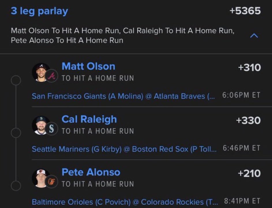 mirabaddi's tweet photo. 🔥⚾ 3-LEG MLB HOME RUN PARLAY ⚾🔥

💣 Matt Olson — HR
💣 Cal Raleigh — HR
💣 Pete Alonso — HR

🎯 3 Legs • +5365 Odds 💰🔥

🔗: https://t.co/VtR7LDmLsY https://t.co/Mbzl7J7JyH