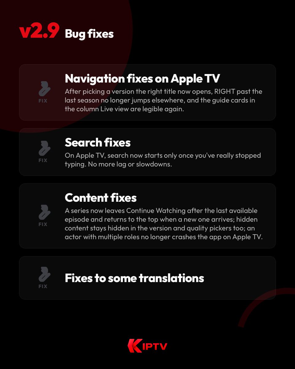 kiptvapp's tweet photo. 🚀 #KIPTV v2.9 is on the way and this is one of our biggest updates! See what's coming 👇

✨ 𝗔𝗲𝘁𝗵𝗲𝗿, 𝘁𝗵𝗲 𝗻𝗲𝘄 𝗽𝗹𝗮𝘆𝗯𝗮𝗰𝗸 𝗲𝗻𝗴𝗶𝗻𝗲
A new video engine, now the default on iPhone, iPad, and Apple TV: faster startup, channel zapping in about a second, and full support for background, Picture in Picture, AirPlay, and Chromecast.

✨ 𝗡𝗲𝘅𝘁 𝗲𝗽𝗶𝘀𝗼𝗱𝗲𝘀 𝗿𝗶𝗴𝗵𝘁 𝗶𝗻𝘀𝗶𝗱𝗲 𝘁𝗵𝗲 𝗽𝗹𝗮𝘆𝗲𝗿
The player has a new "Next" tab with the rest of the season: jump to the next episode without leaving playback.

✨ 𝗗𝗼𝘄𝗻𝗹𝗼𝗮𝗱 𝗮 𝘄𝗵𝗼𝗹𝗲 𝘀𝗲𝗮𝘀𝗼𝗻, 𝗿𝗶𝗰𝗵𝗲𝗿 𝗼𝗳𝗳𝗹𝗶𝗻𝗲
Download an entire season with one button and cancel all in-progress and queued downloads at once. You can now skip the intro on downloaded episodes too.

✨ 𝗦𝗮𝗴𝗮𝘀 𝗯𝗲𝗰𝗼𝗺𝗲 𝗳𝗼𝗹𝗱𝗲𝗿𝘀 𝗶𝗻 𝘀𝗲𝗮𝗿𝗰𝗵
Movies from the same saga are gathered into a book-style folder in the results: open it and find every chapter in order, without hunting them down one by one.

✨ 𝗺𝗽𝘃, 𝗮𝗻𝗼𝘁𝗵𝗲𝗿 𝗽𝗹𝗮𝘆𝗯𝗮𝗰𝗸 𝗲𝗻𝗴𝗶𝗻𝗲
MPV joins the list of engines available on iPhone, iPad, and Apple TV: one more option for when a stream misbehaves.

🔺 𝗖𝗮𝘁𝗲𝗴𝗼𝗿𝗶𝗲𝘀 𝗽𝗮𝗻𝗲𝗹 𝗼𝗻 𝗶𝗣𝗮𝗱 𝗶𝗻 𝗹𝗮𝗻𝗱𝘀𝗰𝗮𝗽𝗲
With iPad in landscape, the Live TV categories stay pinned to the side, both in the channel list and in the program guide.

🔺 𝗨𝗫 𝗮𝗻𝗱 𝗨𝗜 𝗶𝗺𝗽𝗿𝗼𝘃𝗲𝗺𝗲𝗻𝘁𝘀
The eye wants its share too, and as always attention to detail makes the difference. See for yourself.

🛠️ 𝗡𝗮𝘃𝗶𝗴𝗮𝘁𝗶𝗼𝗻 𝗳𝗶𝘅𝗲𝘀 𝗼𝗻 𝗔𝗽𝗽𝗹𝗲 𝗧𝗩
After picking a version the right title now opens, RIGHT past the last season no longer jumps elsewhere, and the guide cards in the column Live view are legible again.

🛠️ 𝗦𝗲𝗮𝗿𝗰𝗵 𝗳𝗶𝘅𝗲𝘀
On Apple TV, search now starts only once you've really stopped typing. No more lag or slowdowns.

🛠️ 𝗖𝗼𝗻𝘁𝗲𝗻𝘁 𝗳𝗶𝘅𝗲𝘀
A series now leaves Continue Watching after the last available episode and returns to the top when a new one arrives; hidden content stays hidden in the version and quality pickers too; an actor with multiple roles no longer crashes the app on Apple TV.

🛠️ 𝗙𝗶𝘅𝗲𝘀 𝘁𝗼 𝘀𝗼𝗺𝗲 𝘁𝗿𝗮𝗻𝘀𝗹𝗮𝘁𝗶𝗼𝗻𝘀

💬 You come first. Your feedback shapes every release — share yours via in-app Support.